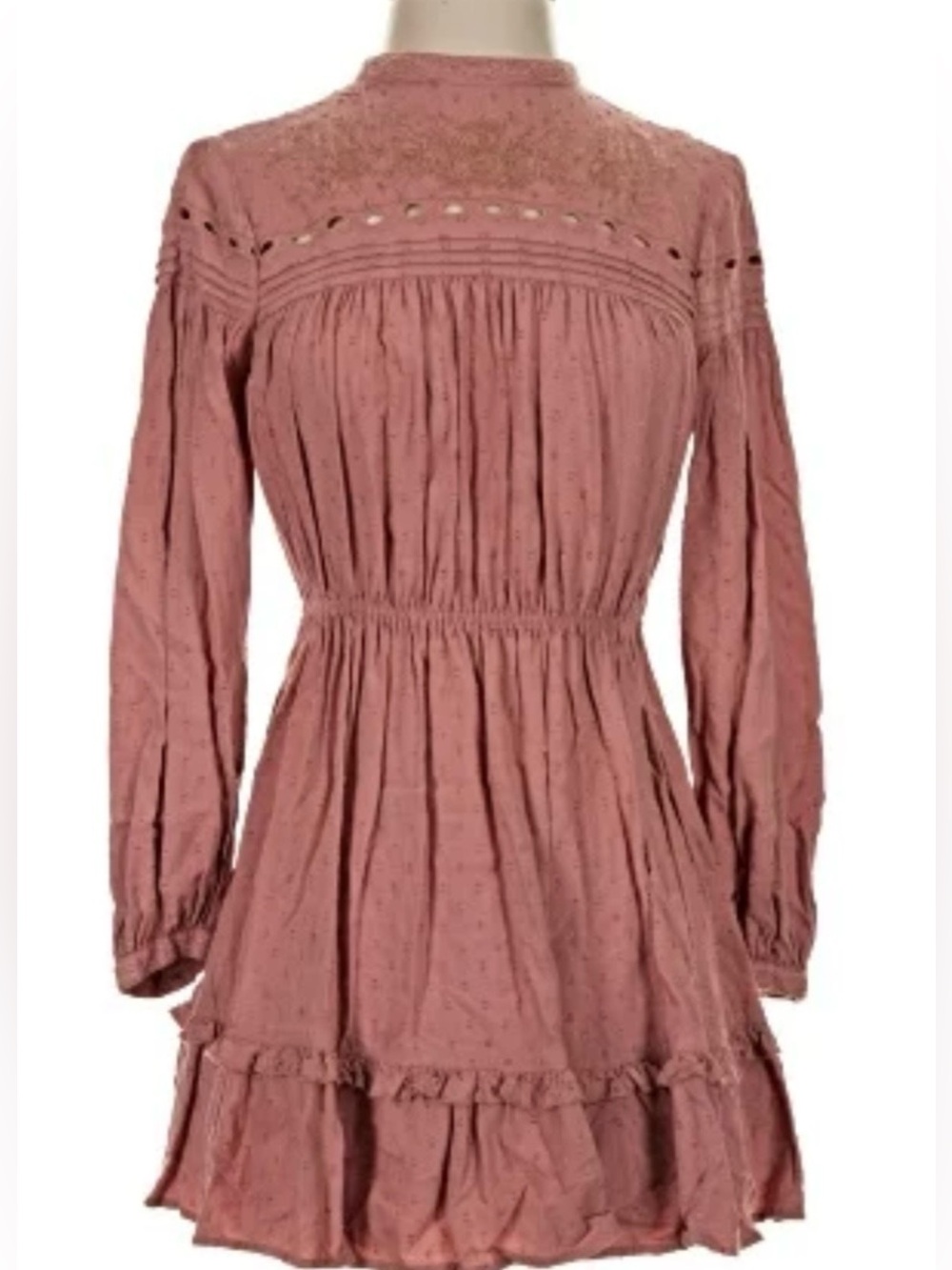 NWOT Zara Dusty Rose Long Sleeve Embroidered Swiss Dot Boho Ruffles Mini Dress